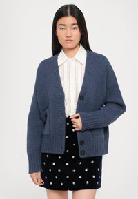 Sinine koondatud kardigan avatud esiosaga, kahe eesmise tasku ja nööbikinnitusega. Pikad varrukad ribidega mansettidega. Kantud valge kraega särgi üle.