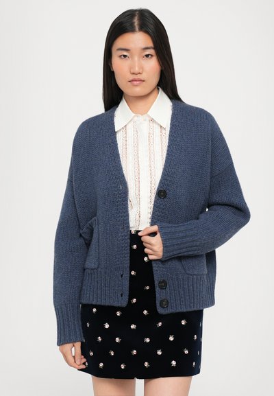 Zila adīta džemperis ar atvērtu priekšpusi, divām priekšējām kabatām un pogu aizdari. Garas piedurknes ar ribotām aprocēm. Valkāts virs baltā krekla ar apkakli.