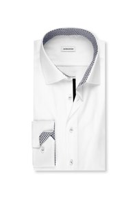 Camicia da uomo bianca con colletto e polsini interni a fantasia, bottoni frontali, piegata ordinatamente.