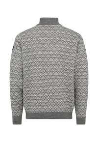 Grå strikket sweater med et mønster, der har zigzag former. Høj krave samt ribbede manchetter og kant. Fremstillet af blødt stof.