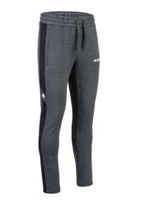 Graue Jogginghosen mit einem Kordelzugbund, schmal zulaufenden Beinen und schwarzen seitlichen Streifen. Hergestellt aus weichem Material, mit einem kleinen Logo auf dem Oberschenkel.