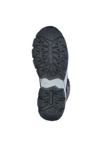 Czarna gumowa podeszwa z głębokim bieżnikiem i kątowymi wzorami; szara środkowa podpórka; wybity rozmiar 42; zamek błyskawiczny z boku; solidna konstrukcja do użytku na świeżym powietrzu.