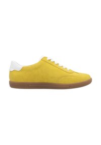 Yellow suede sneaker with white accents, featuring a low profile, round toe, and rubber outsole. Laces are white with padded heel support.