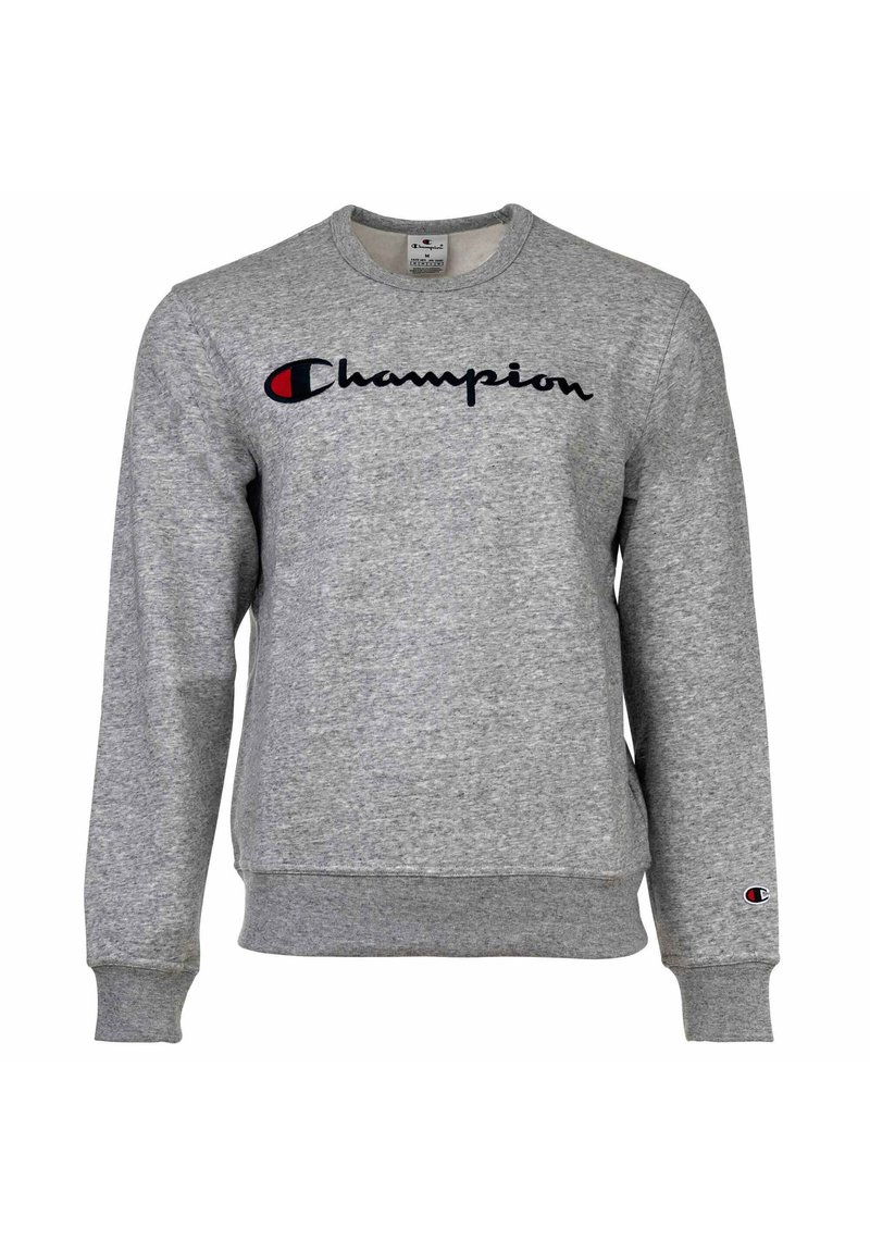 Šedá bavlnená mikina so splývavým výstrihom, dlhými rukávmi a logom "Champion" v námorníckej modrej s červeným akcentom, s rebrovanými manžetami a lemom.