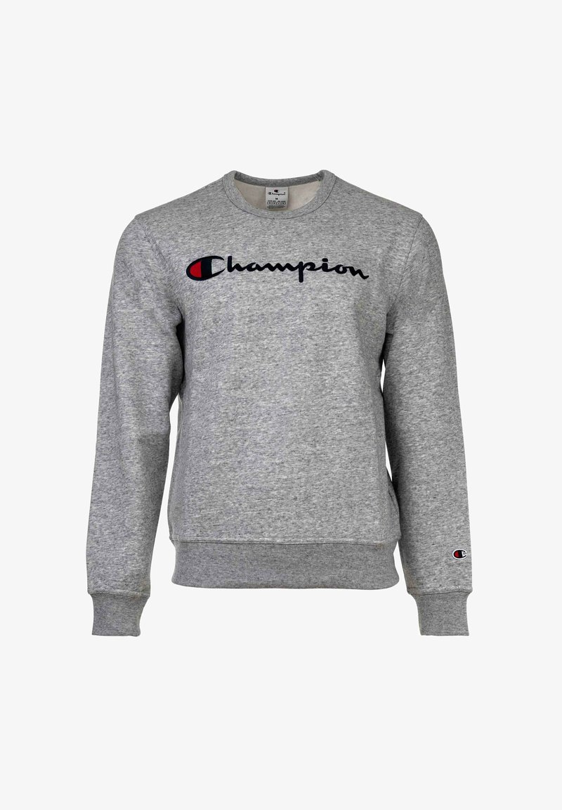 Sweatshirt cinza de algodão com decote redondo, mangas longas e logótipo "Champion" em azul-marinho com detalhe em vermelho, punhos e barra canelados.