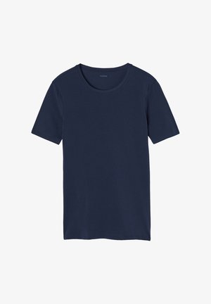 Marineblaue T-Shirt aus weicher Baumwolle, mit Rundhalsausschnitt und kurzen Ärmeln in lockerer Passform. Keine sichtbaren Muster oder Akzente.