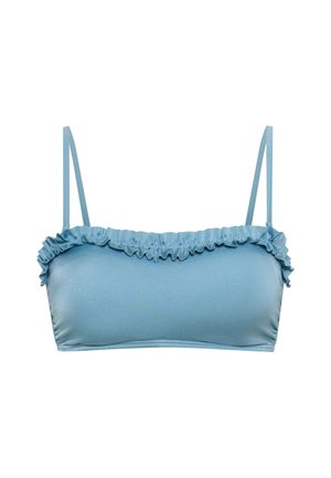 Μπλε του ουρανού μπικίνι τοπ με ρίγα διακοσμημένη με πιέτες, ρυθμιζόμενα λεπτά τιράντες και λεία, γυαλιστερή υφή υφάσματος.