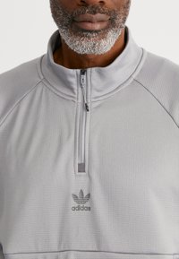 Grå kvart-zip sweatshirt med teksturert stoff, høy krage og Adidas-logo i mørkere grå på brystet. Lettvekts og sporty design.