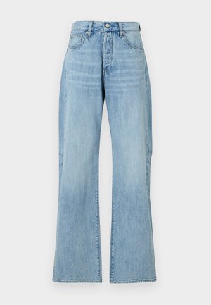 Svetlomodré široké džínsy vyrobené z denimu. Majú vysoký pás, zapínanie na gombík a jemne vybledlú textúru s čistým lemom.