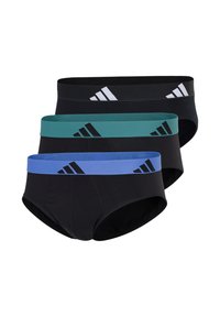 Tři páry pánských slipů černé barvy s různými barvami pasu: černou, tyrkysovou a modrou. Každý má logo Adidas a kontrastní pruhy.