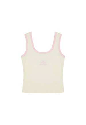 Cremefarbenes ärmelloses Tanktop mit pinkfarbenem Rand am Ausschnitt und den Armausschnitten, mit einem kleinen pinkfarbenen Flugzeugmotiv in der Mitte vorne.