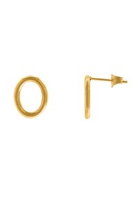 Goldfarbene Metallohrringe mit einem kreisförmigen Design auf einer Seite und einem vertikalen Stift auf der anderen. Sie haben eine glatte Textur mit minimalen Details.