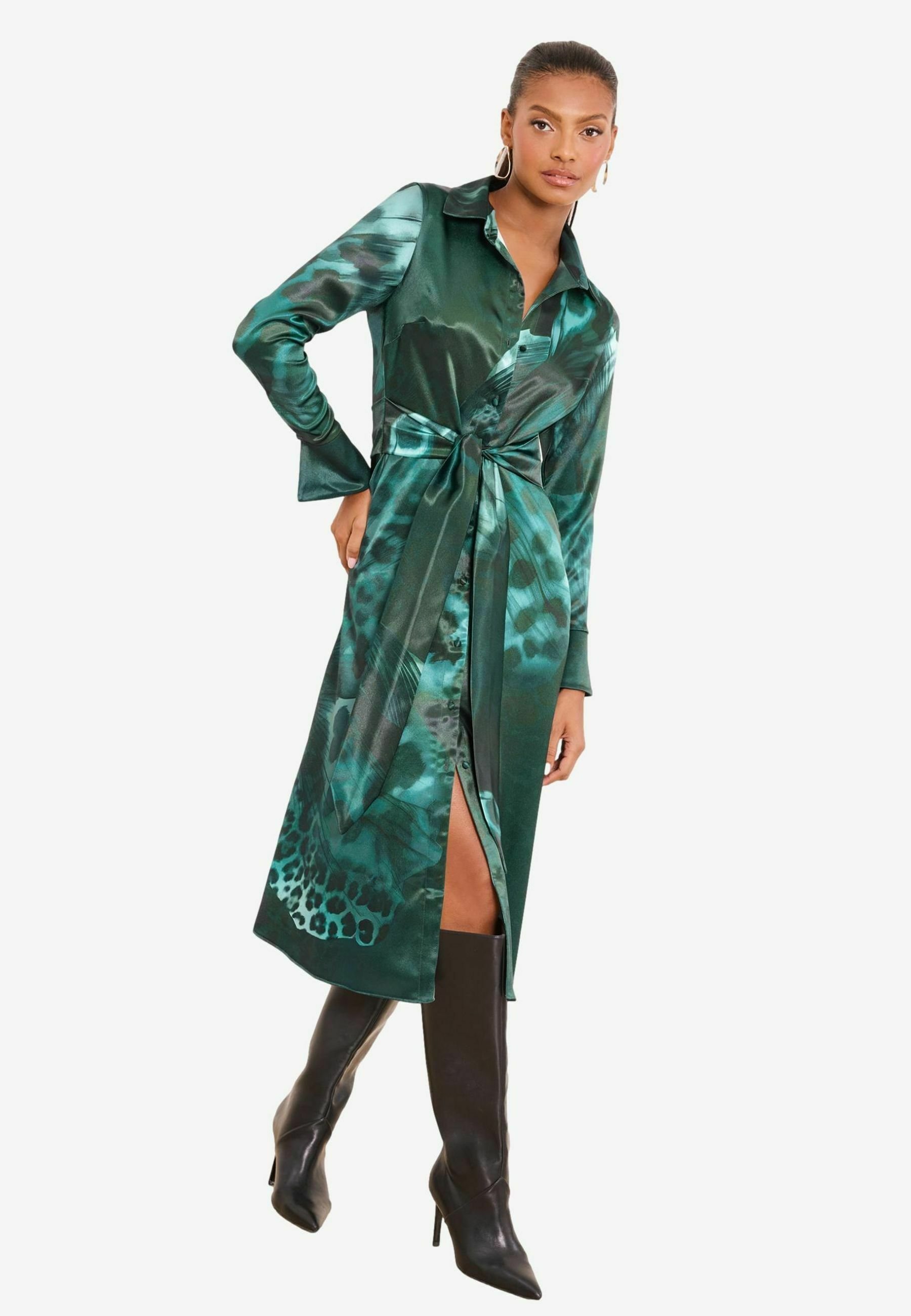 green satin shirt dress Dark Green Shirt collar Satin Dress – DENNIS LINGO main image 1