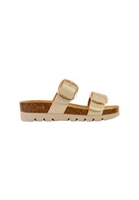 Guld glitrende åben-toes sandaler med to justerbare stropper, kork sål og en struktureret hvid sål med et bølget mønster.