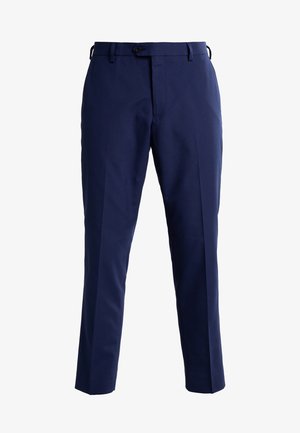 Navy blue trousers made of smooth fabric, featuring a flat front, belt loops, and a zip fly with a button closure.