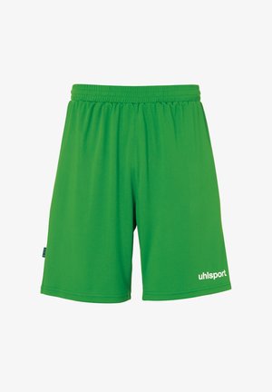 Grønne sporty shorts lavet af letvægtsstof, med en elastisk talje og et hvidt logo nederst til venstre foran.