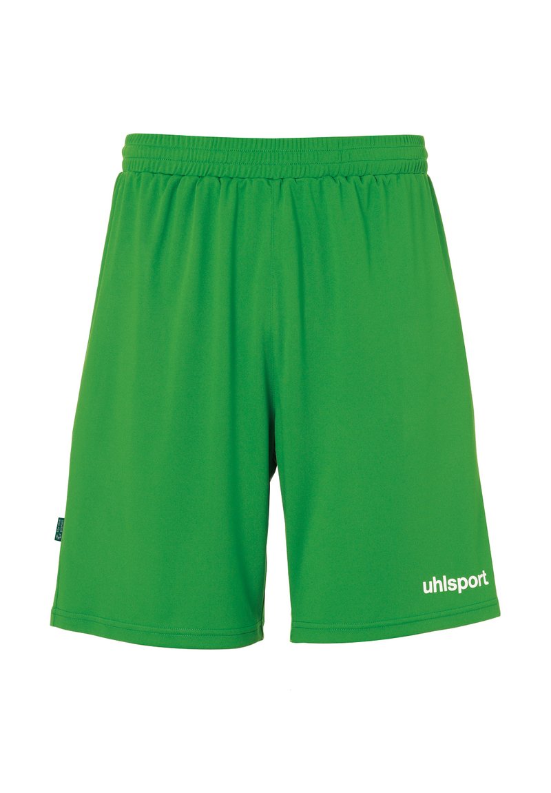 Groene sportieve shorts van lichtgewicht stof, met een elastische tailleband en een wit logo op de linkeronderzijde van de voorkant.