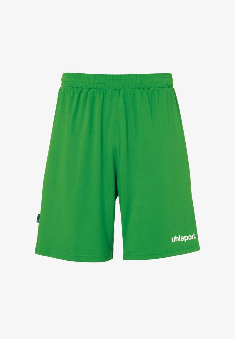 Groene sportieve shorts van lichtgewicht stof, met een elastische tailleband en een wit logo op de linkeronderzijde van de voorkant.