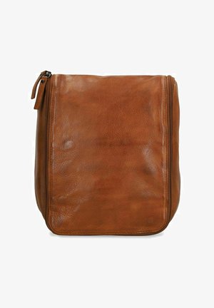 Bruine leren schoudertas met een zachte, текстуреerde oppervlakte, rechthoekige vorm, bovenste ritsluiting, en een subtiele stikseldetail langs de randen.