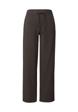 Pantalons de survêtement marron foncé avec une taille à cordon, design à jambes larges et texture lisse. Pas de motifs ni d'accents visibles.