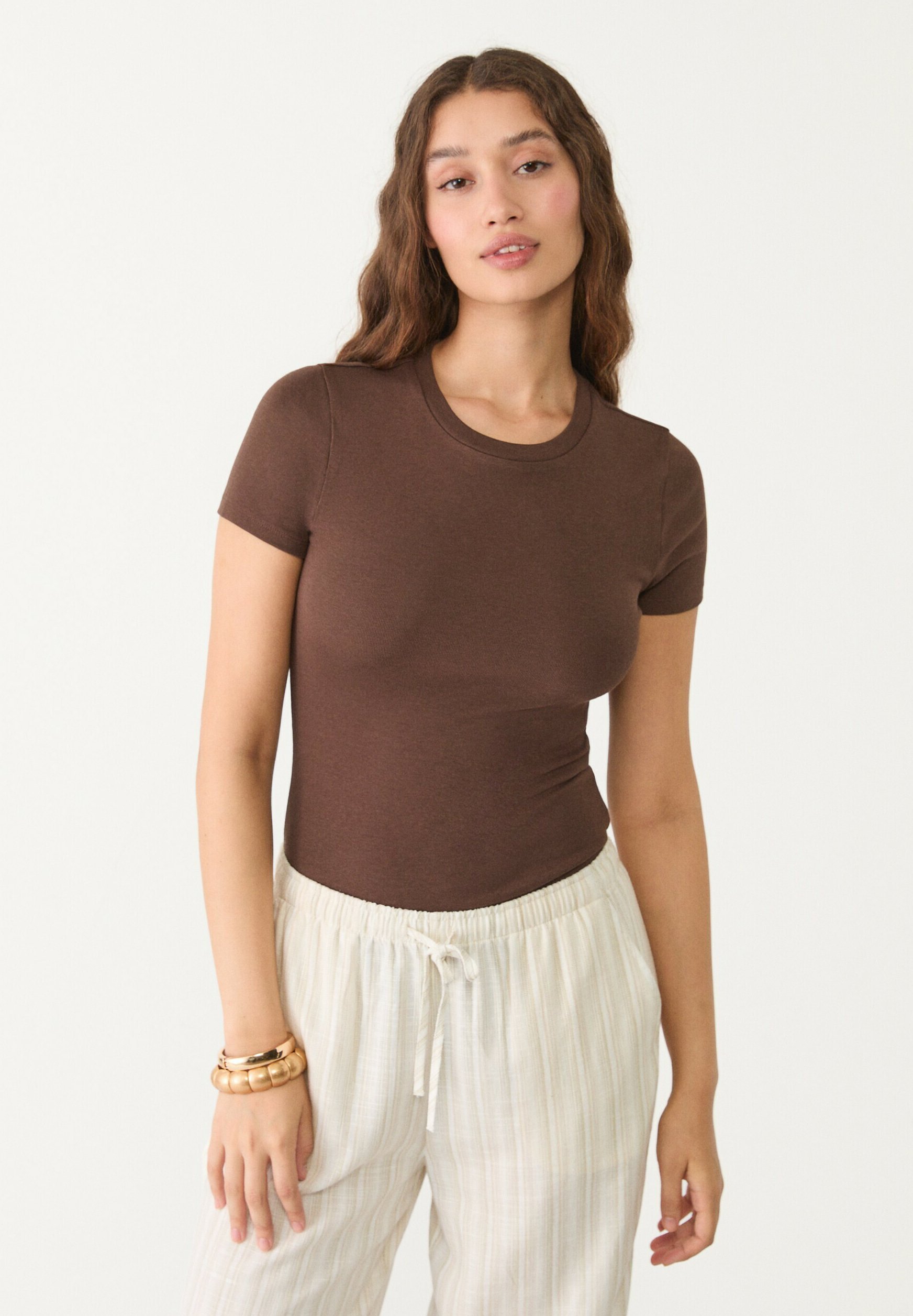 Stradivarius ROUND NECK T-shirt basic dark brown/marrone scuro