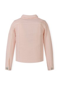 Giacca di jeans rosa chiaro con colletto ribassato, maniche lunghe e polsini con bottoni. Presenta cuciture sul retro e un design pulito e minimale.