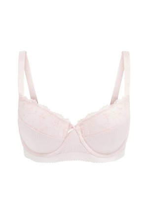 Light pink bra with embroidered floral patterns on the cups, scalloped lace trim, and adjustable satin straps. Ribbed fabric base.