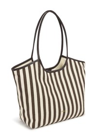 Sac cabas rayé marron et crème avec deux longues anses, fabriqué en tissu à finition texturée ; présente une bordure contrastante de couleur unie.