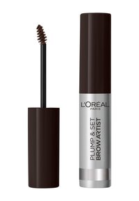 L'Oréal Paris Plump & Set Brow Artist dans un conteneur cylindrique brun ; accent argenté avec du texte noir ; comprend un applicateur en spoolie.