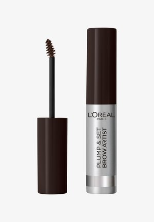 L'Oréal Paris Plump & Set Brow Artist w brązowym cylindrycznym opakowaniu; srebrne akcenty z czarnym tekstem; zawiera aplikator w formie szczoteczki.