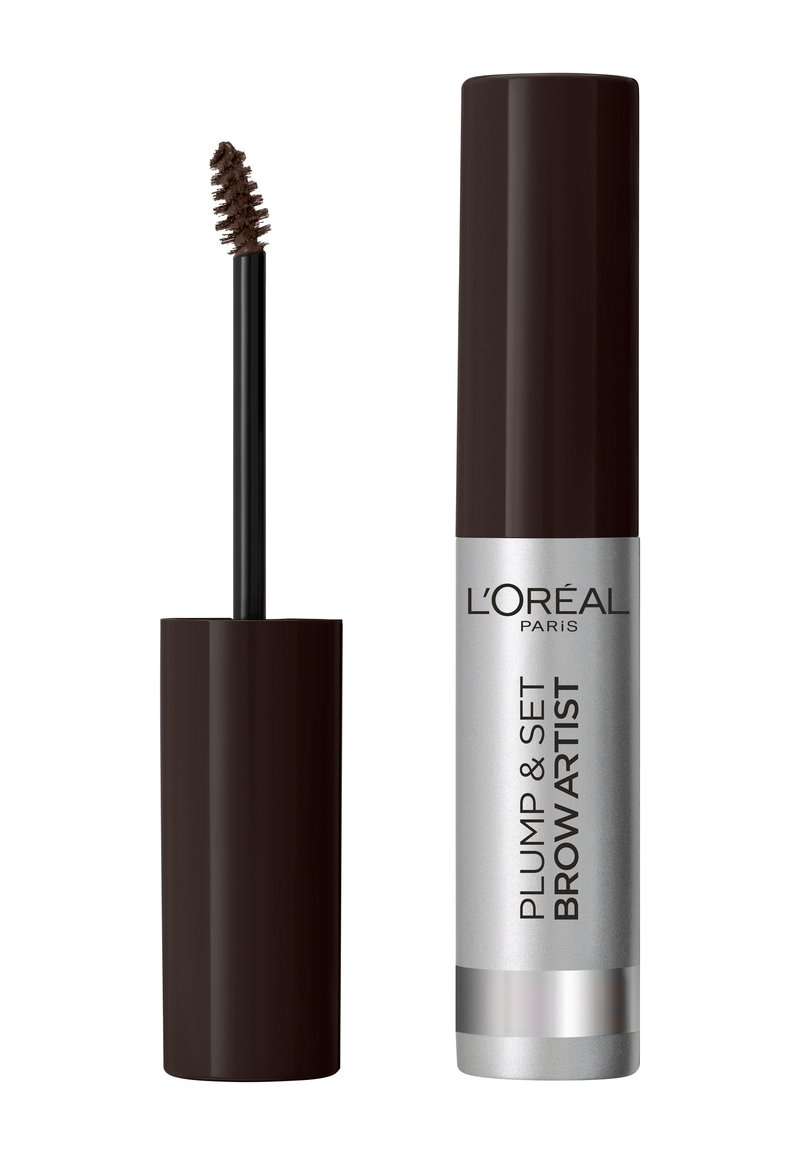 L'Oréal Paris Plump & Set Brow Artist dans un conteneur cylindrique brun ; accent argenté avec du texte noir ; comprend un applicateur en spoolie.