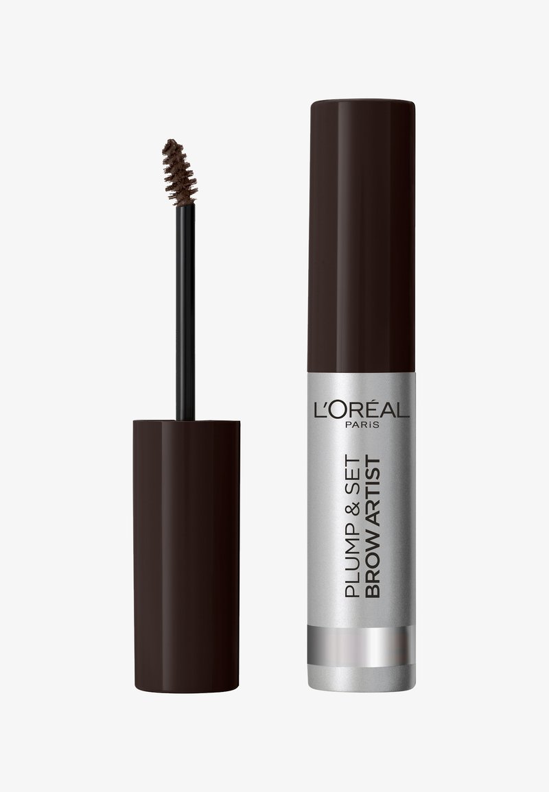 L'Oréal Paris Plump & Set Brow Artist w brązowym cylindrycznym opakowaniu; srebrne akcenty z czarnym tekstem; zawiera aplikator w formie szczoteczki.