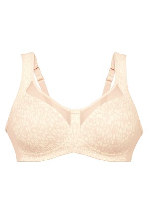 Beige bh met een getextureerd dierenprint, gladde cups, brede banden en netdetail voor ademend vermogen. Verstelbare achtersluiting.