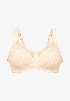 Beige bh met een getextureerd dierenprint, gladde cups, brede banden en netdetail voor ademend vermogen. Verstelbare achtersluiting.