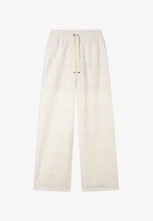 Pantalones de pierna ancha hechos de una tela ligera, con un sutil patrón de recortes hexagonales en crema y acentos en beige. Cintura elástica con cordón ajustable.