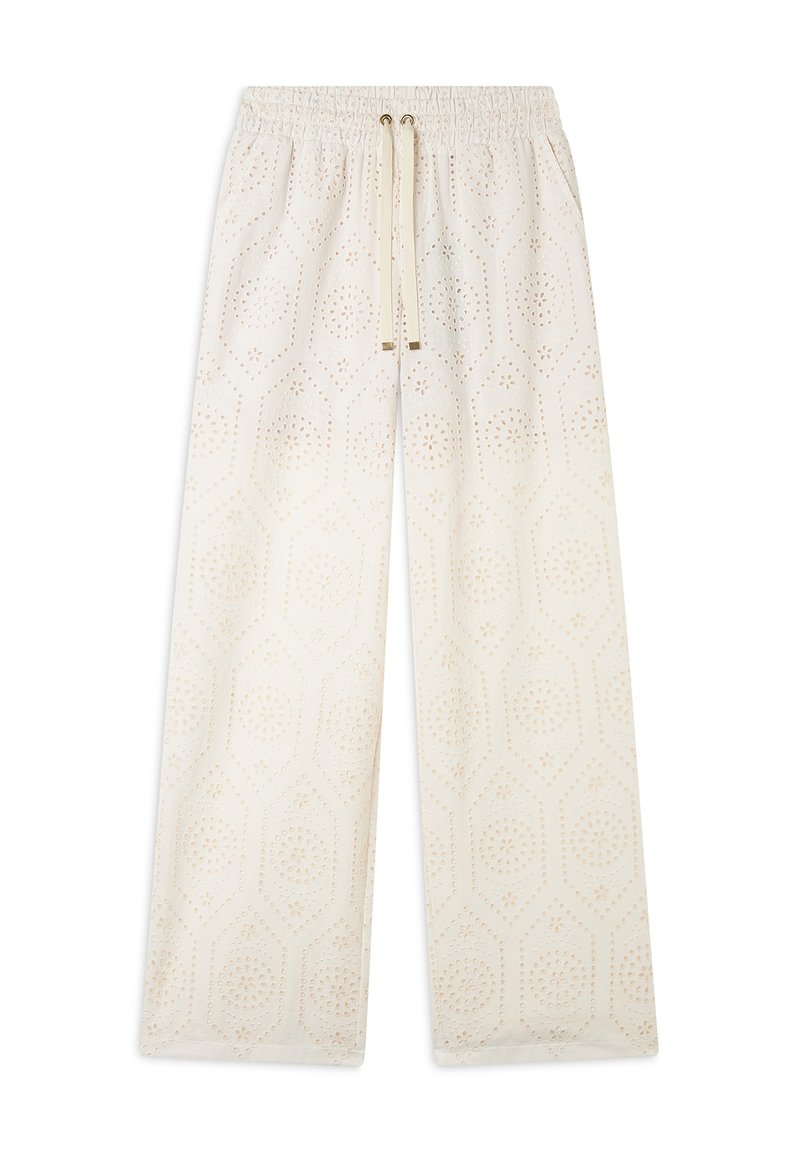Pantaloni a gamba larga realizzati in tessuto leggero, con un delicato motivo a intaglio esagonale in crema con accenti beige. Vita elastica con cordoncino.