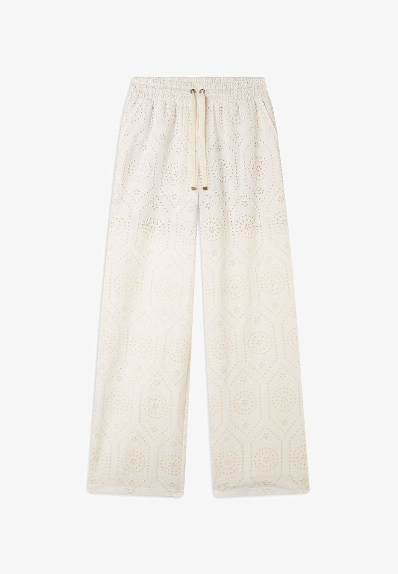 Pantaloni a gamba larga realizzati in tessuto leggero, con un delicato motivo a intaglio esagonale in crema con accenti beige. Vita elastica con cordoncino.