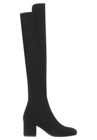 Schwarze Wildlederstiefel über das Knie mit einem kräftigen Absatz, runder Zehenpartie und glatter Textur. Nahtloses Design mit einer leichten Kurve an der Oberseite.