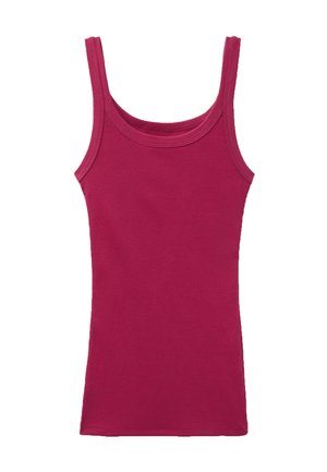 Débardeur sans manches côtelé de couleur rose foncé avec larges bretelles et encolure arrondie, posé à plat sur fond blanc.