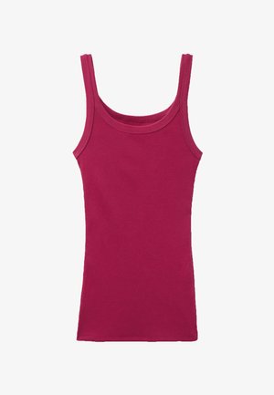 Ärmelloses, geripptes Tanktop in tiefem Pink mit breiten Schultergurten und rundem Ausschnitt, flach auf weißem Hintergrund liegend.