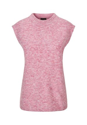 Roze geribbelde mouwloze top met een hoge hals en een textuurstof, met een subtiele ombre-patroon. Geen zichtbare sluitingen of accenten.