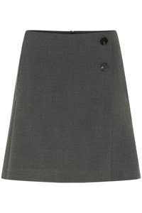 Grå A-linje kjol i strukturerad tyg, med dragkedjeslutning och två stora svarta knappar i midjan. Ren, minimalistisk design.