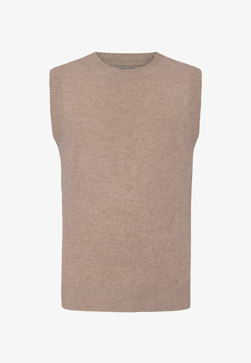 Ärmelloser Pullover in hellbeige, aus weichem Strickstoff gefertigt. Verfügt über einen runden Ausschnitt und einen gerippten Saum, mit einer glatten Textur über die gesamte Oberfläche.