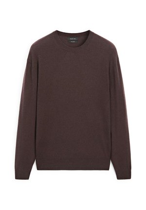 Maglione a collo rotondo in maglia marrone con maniche lunghe, texture morbida e polsini e orlo a costine. Design semplice, senza motivi visibili o accessori.