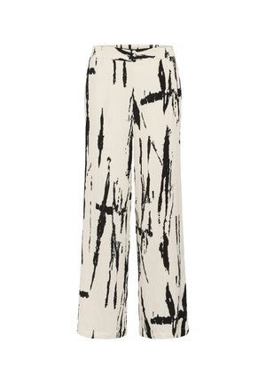 White wide-leg pants with high waist, featuring an abstract black brushstroke pattern and a smooth front waistband.