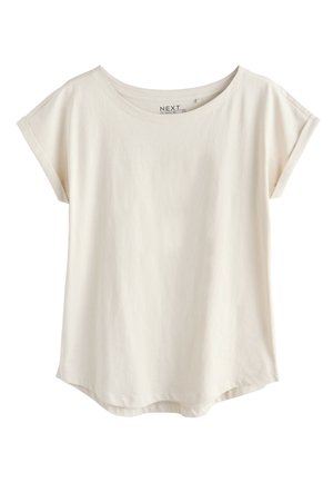 T-shirt uni blanc cassé à manches courtes avec poignets roulés et col rond, en tissu de coton doux.