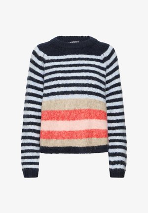 Striped sweater with a round neck. Materials appear soft; features navy, light blue, beige, and coral stripes. Textured fabric and relaxed fit.