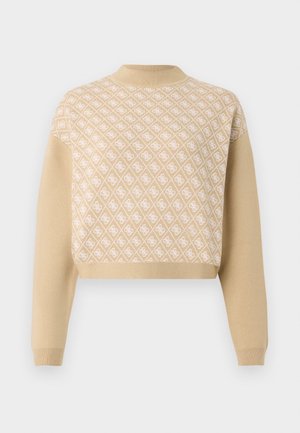 Beige Pullover mit einem Diamantmuster in Creme, Rundhalsausschnitt, langen Ärmeln, verkürztem Schnitt und gerippten Bündchen. Hergestellt aus weichem Strickmaterial.