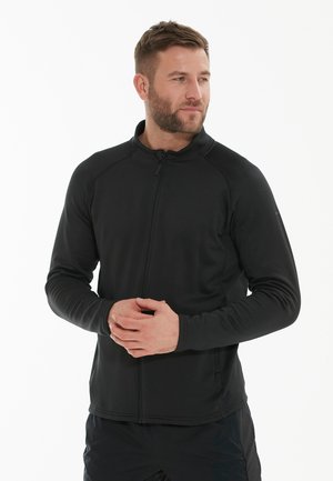 Zwarte fleecejack met een hoge kraag en volledige rits, voorzien van lange mouwen en platte naden voor een soepele afwerking. Geen zichtbare logo's of patronen.