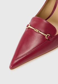 Scarpa in pelle bordeaux con punta affilata, caratterizzata da un accessorio in metallo dorato sulla parte anteriore e dettagli cuciti lungo i bordi.
